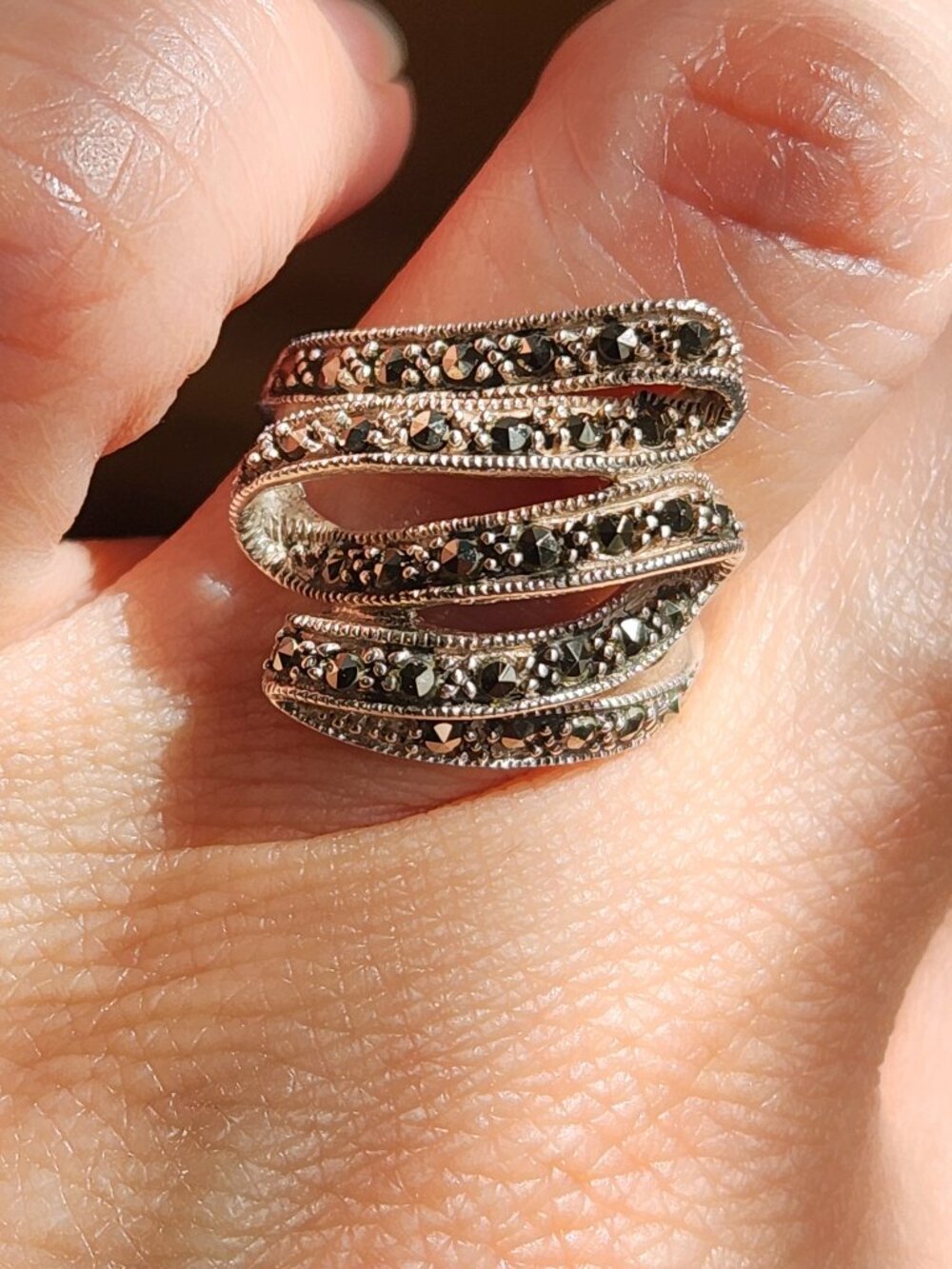 Gorgeous VTG 925 Silver Marcasite Wrap Ring | Multi Band Spiral | Size 6.5